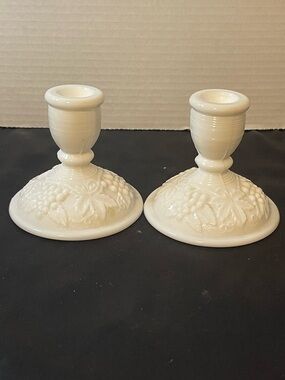 Pair of Milk Glass Embossed Floral Candle Holders